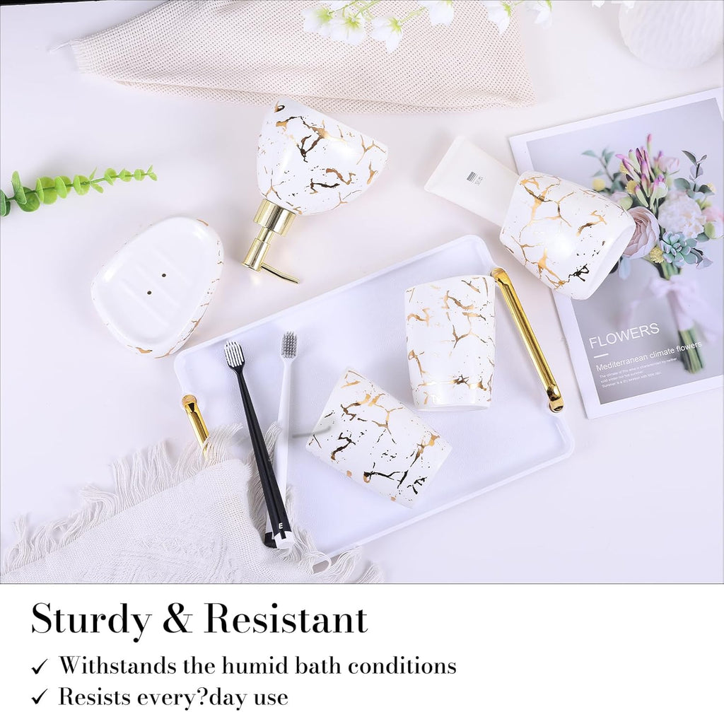 Ceramics White Bathroom Accessories Set,Gold Marble Look Bathroom Decor,Modern 6 Piece Bathroom Accessory Set,Complete with Soap Dispenser,Toothbrush Holder,Tumbler,Tray Countertop
