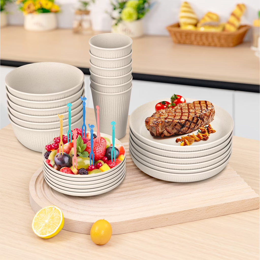 68 Pcs Wheat Straw Dinnerware Sets for 6, Unbreakable Dinnerware Sets, Reusable Wheat Straw Plates and Bowls Sets, Travel Camping Cutlery Set, Dishwasher Microwave Safe Dinnerware, Beige