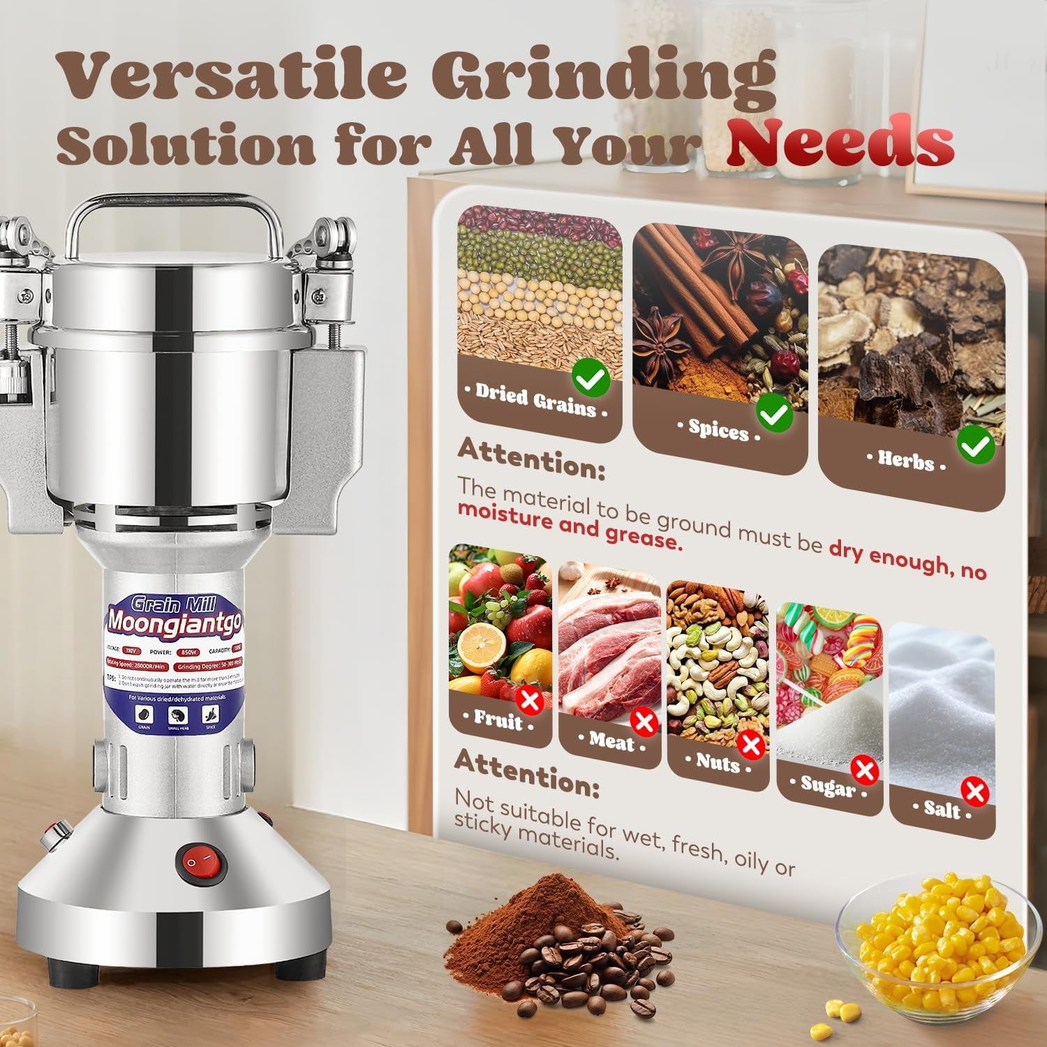 Grain Mill Grinder Electric 150G Commercial Spice Grinder 850W Stainless Steel Pulverizer Dry Grinding Machine for Wheat Corn Rice Pepper Herbs Coffee Beans (150G Upright, 110V)