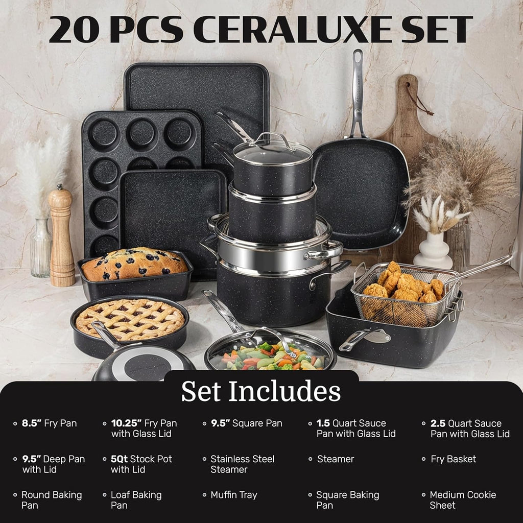 Ceraluxe 20 Pc Ceramic Cookware Set Nonstick, Complete Pots and Pans Set Non Stick with 5 Pc Bakeware Set, Deep Frying Pan Set, & Steamer, Non Toxic PFOA Free, Oven & Dishwasher Safe
