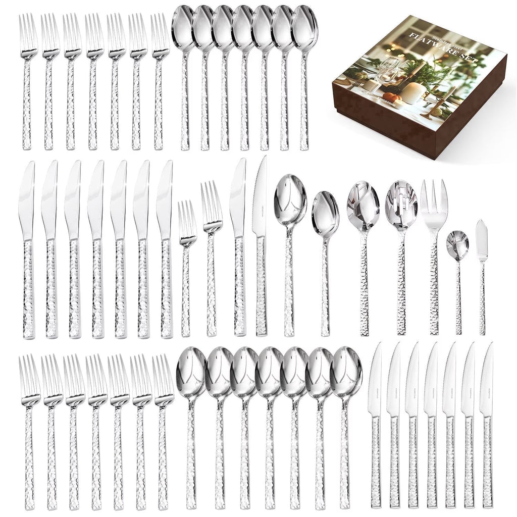 53 Pcs 18/10 Stainless Steel Silverware Set with Serving Utensils for 8, Cutlery Set with Hammered Pattern for Kitchen, Home, Restaurant, Mirror Polished & Dishwasher Safe