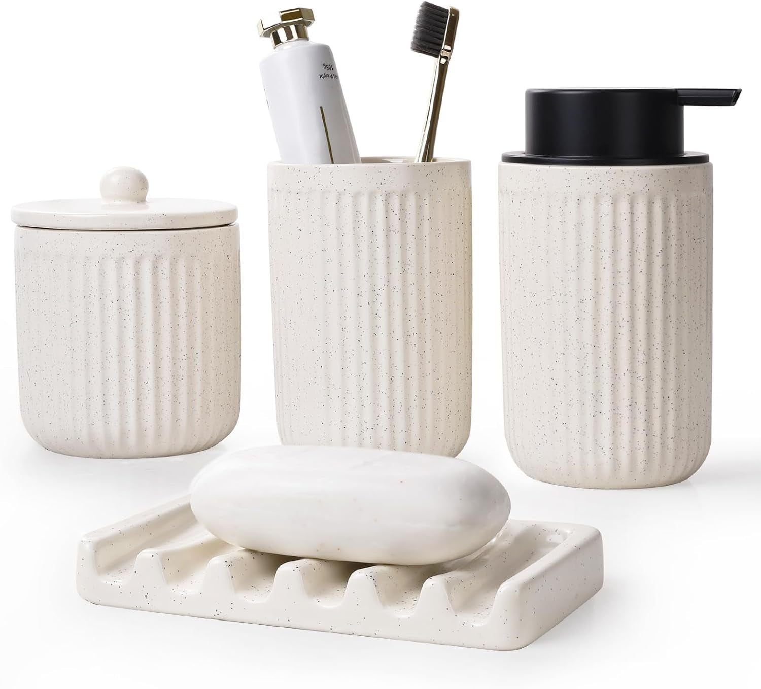 Ceramic Bathroom Accessories Set - Bathroom Counter Soap Set Beige Bathroom Decor Sets Accessories Bathroom Lotion Soap Dispenser and Toothbrush Holder Set, Soap Dish, Apothecary Jars
