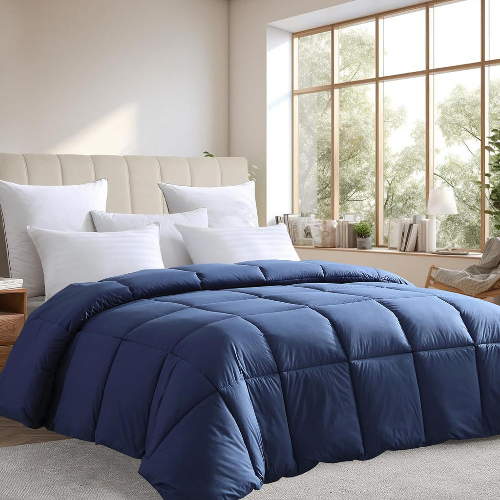 Luxury Comforter Organic Cotton All Season Fluffy Lightweight down Alternative Machine Washable Comforter for Bedroom, Full/Queen, Navy