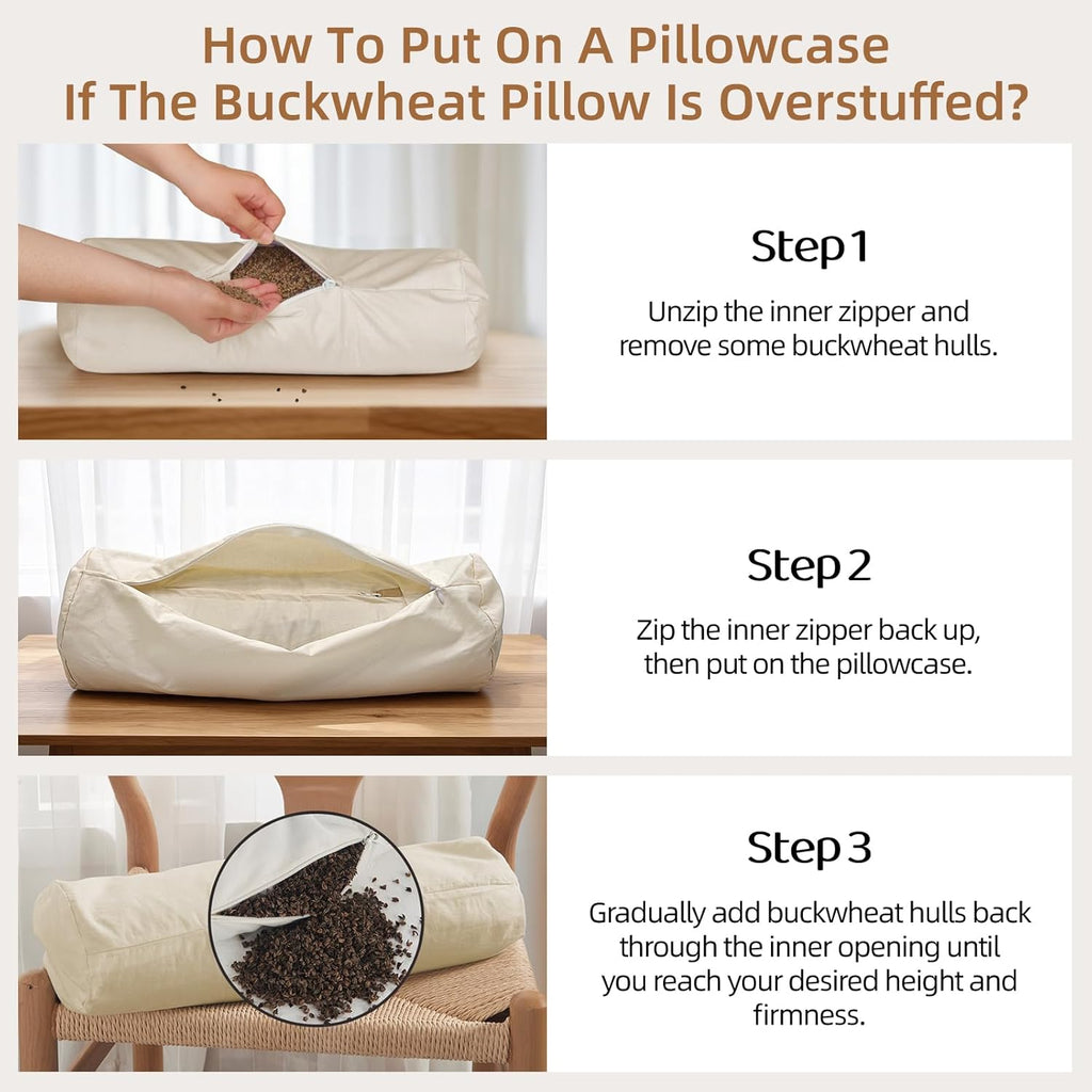 Buckwheat Pillow - Adjustable Buckwheat Neck Pillow(17X6) to Provide Firm Support, Neck Roll Pillows for Side and Back Sleepers, Cylinder Bolster Pillows with Organic Pillowcase