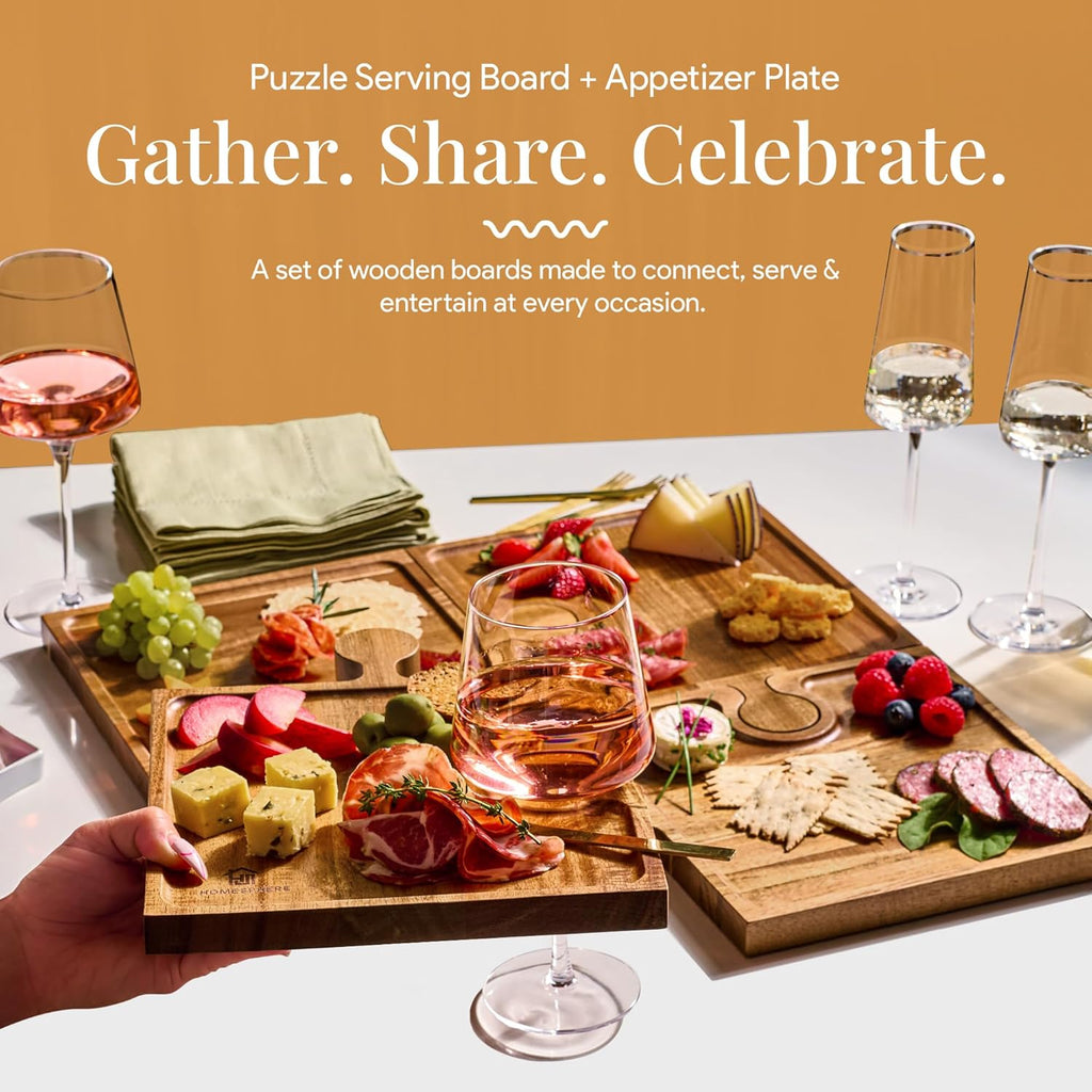 Wooden Charcuterie Boards, Appetizer Tray for Parties & Cutting Board with Handle, Set of 4, Acacia Wood Board, Wine Gifts, Wine Accessories, Interlocking Puzzle Serving Tray W/Storage Box