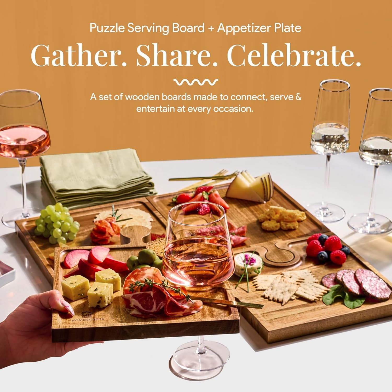 Wooden Charcuterie Boards, Appetizer Tray for Parties & Cutting Board with Handle, Set of 4, Acacia Wood Board, Wine Gifts, Wine Accessories, Interlocking Puzzle Serving Tray W/Storage Box