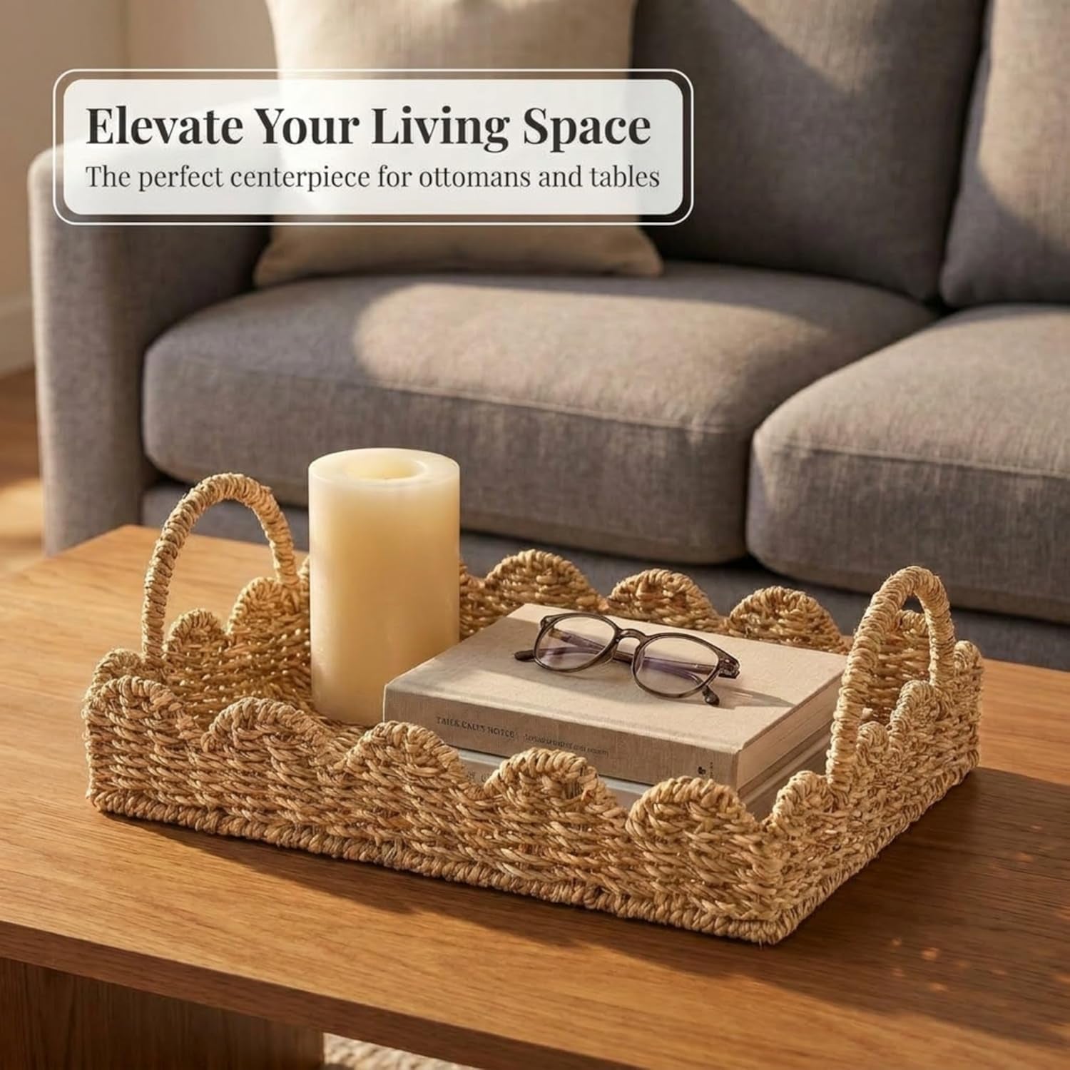 Seagrass Decorative Tray with Scalloped Edge, Handwoven Natural Wicker Organizer Basket with Handles & Iron Frame for Coffee Tables, Bathrooms & Countertops