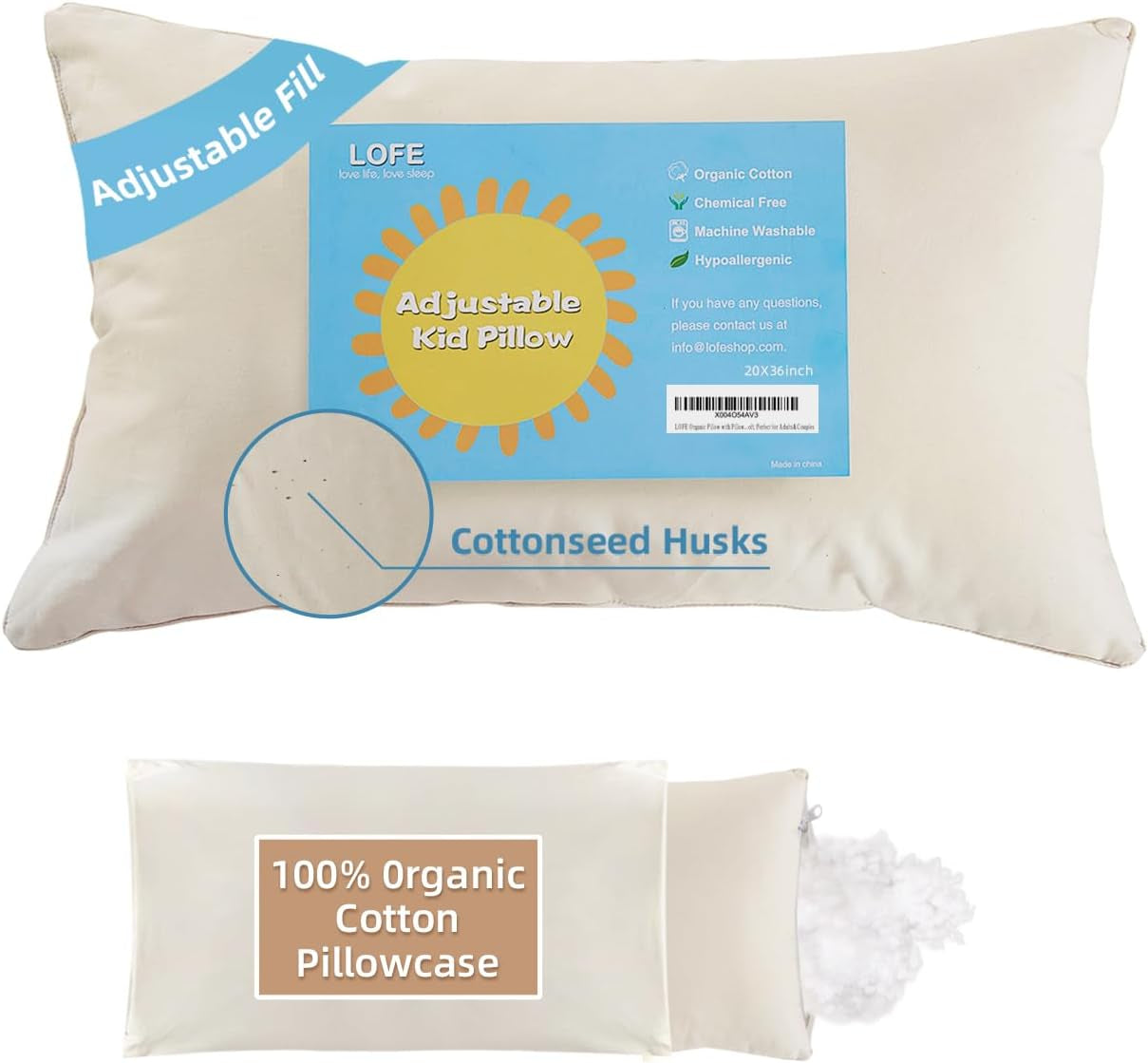 Organic Pillow with Pillowcase - 20X36 King Size Pillow with 100% Organic Cotton Shell, Adjustable Loft Organic King Plilow, Machine Washable, Soft, Perfect for Adults&Couples