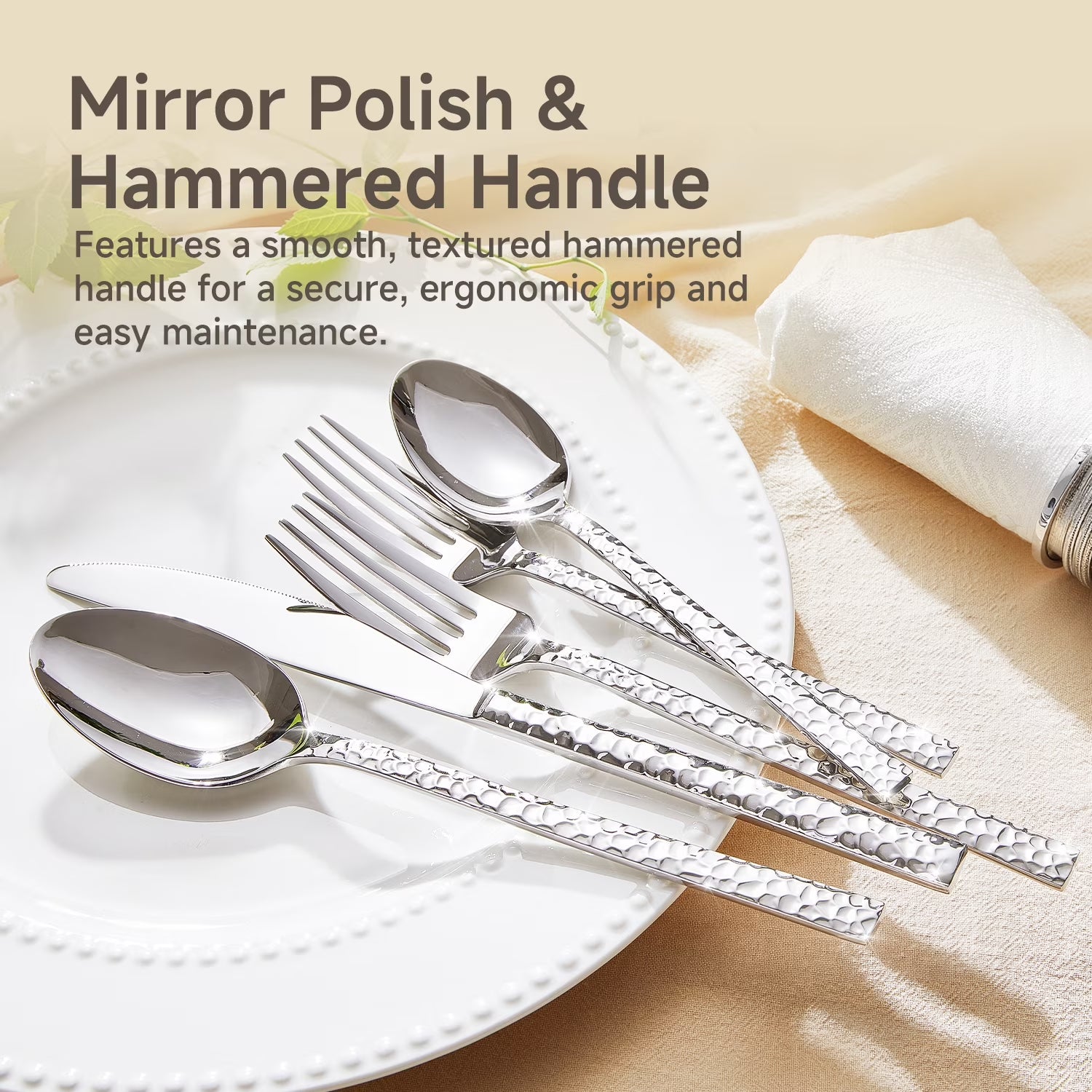 53 Pcs 18/10 Stainless Steel Silverware Set with Serving Utensils for 8, Cutlery Set with Hammered Pattern for Kitchen, Home, Restaurant, Mirror Polished & Dishwasher Safe