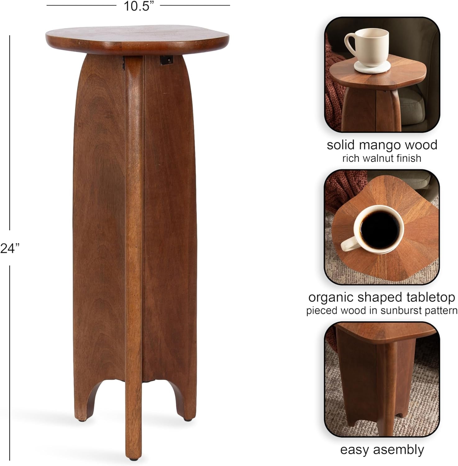 Kanna Modern Pieced Mango Wood round Drink Table, 11 X 11 X 24, Walnut Brown, Mid-Century Scalloped Wooden Mini Side Table for Use as Indoor Plant Stand or Living Room Decor Accent