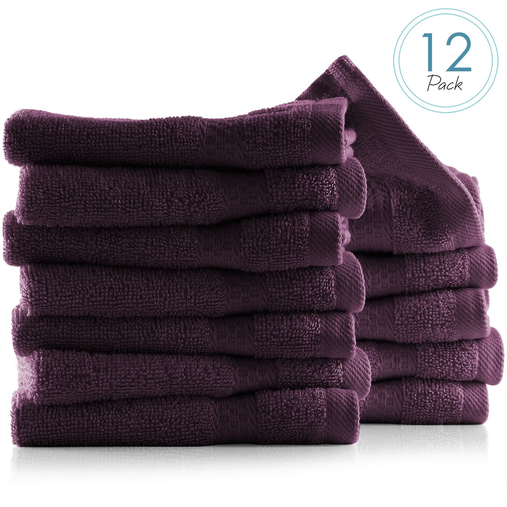 Bath Towel Collection, 100% Cotton Luxury Set of 12 Multipurpose Wash Cloths - Purple