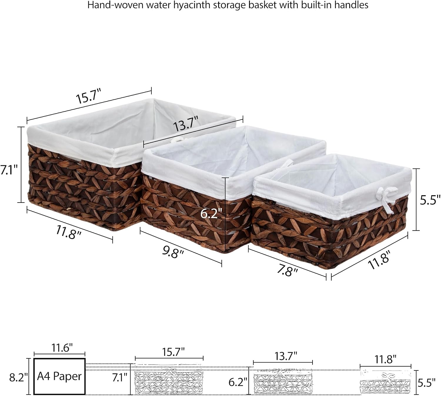 Natural Water Hyacinth Storage Baskets Set of 3 with Metal Frame & Removable Liner, Rectangular Wicker Organizer Bins for Home Bedroom Living Room Bathroom Closet Organization