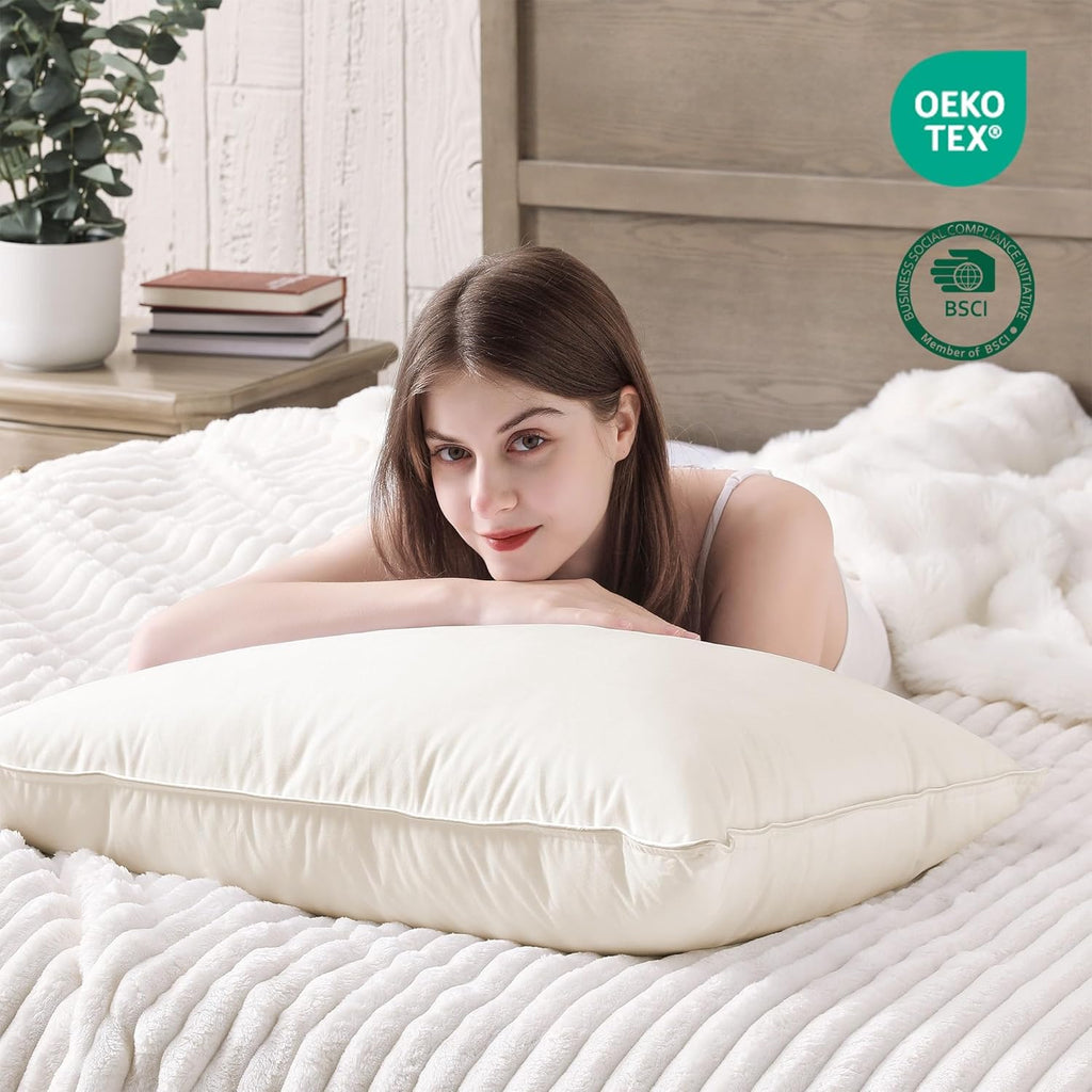® Goose Feather down Pillows, 100% Organic Cotton Cover, Luxury Hotel Collection Bed Pillows for Sleeping Set of 2, Queen Size