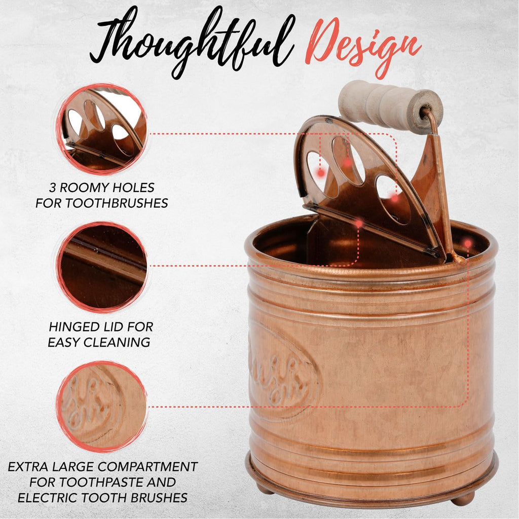 Rustic Bathroom Accessories Set 4 - Copper Farmhouse Soap Dispenser, Toothbrush Holder, 2 Apothecary Jars Qtip Holder - Rustic Bathroom Decor – Farmhouse Bathroom Accessories