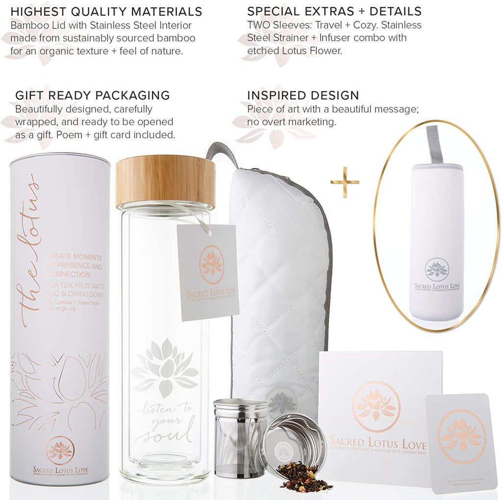 Double-Walled Glass Tea Tumbler with Infuser and Strainer 15Oz - Perfect for Loose Leaf Tea, Cold or Hot Water Bottle, Fruit Drinks - Comes with Travel Sleeve and Cozy