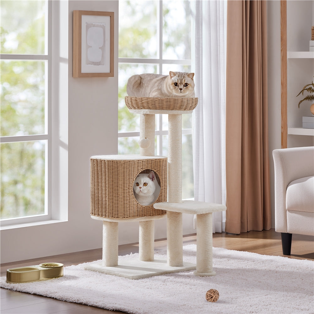 36" Tall Rattan Cat Tree with Natural Sisal Scratching Post, Beige