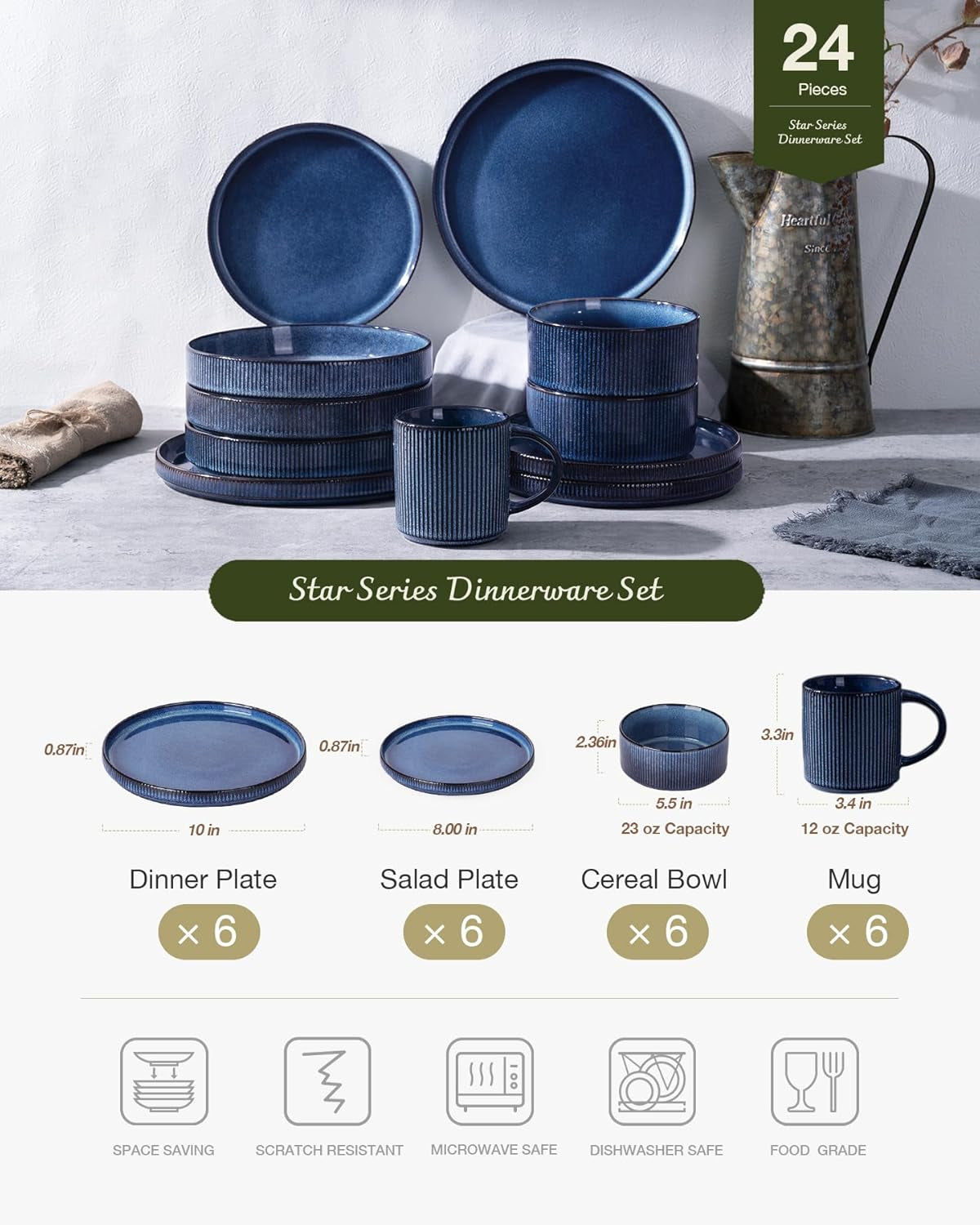 Star 24-Piece Stoneware Dinnerware Sets, Service for 6 - Reactive Glaze Mugs, Plates and Bowls, Dishes for Everyday/Formal Use, Chip/Scratch Resistant, Microwave/Dishwasher Safe, Nebulas Blue