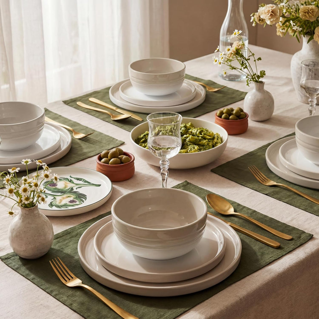 Stoneware Dinnerware Set for 4, 12-Piece Ceramic Plates and Bowls Set, Chip & Scratch Resistant Dish Set, Microwave, Dishwasher & Oven Safe for Everyday Meals, Cream White