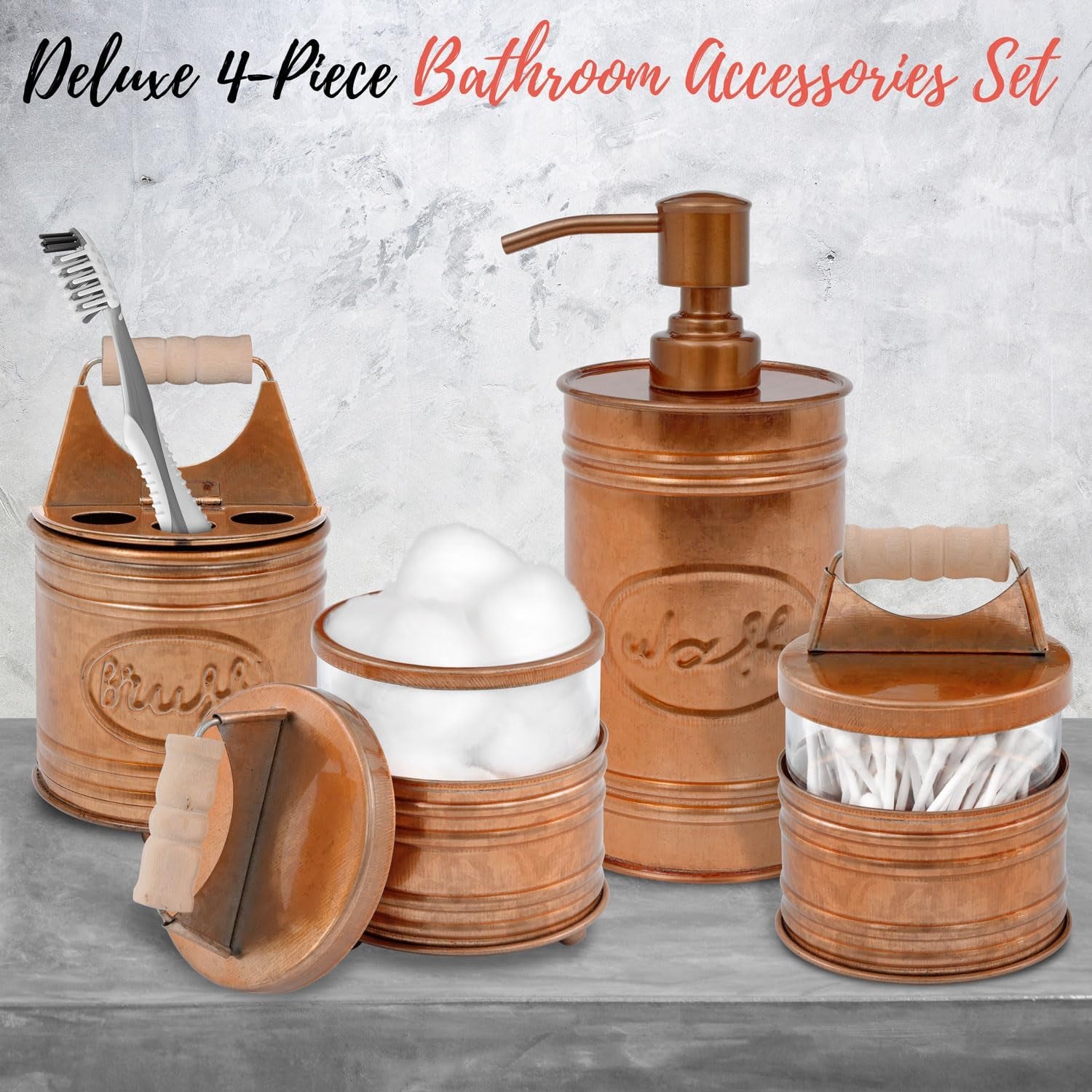 Rustic Bathroom Accessories Set 4 - Copper Farmhouse Soap Dispenser, Toothbrush Holder, 2 Apothecary Jars Qtip Holder - Rustic Bathroom Decor – Farmhouse Bathroom Accessories