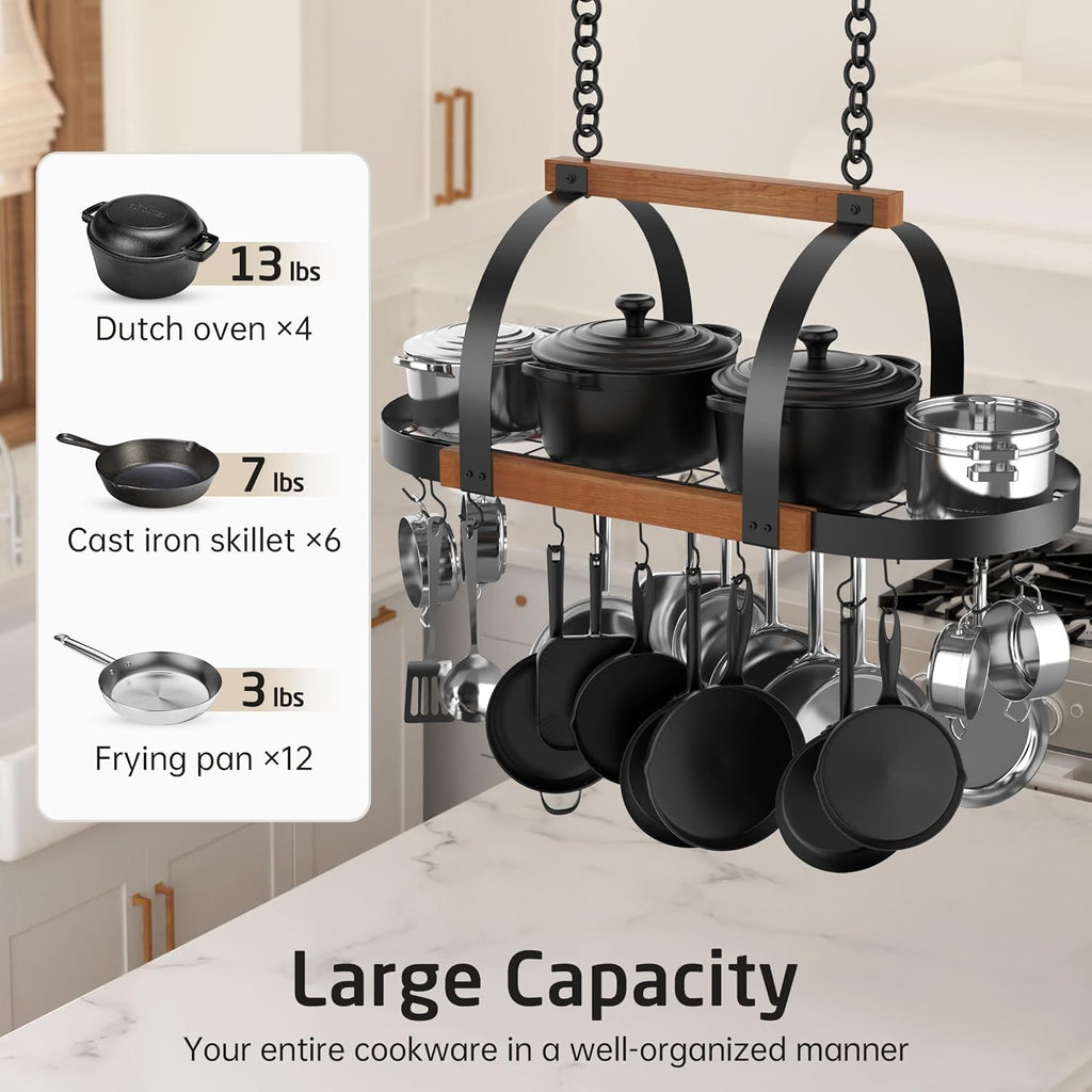 Natural Solid Wood 39 Inch Large Hanging Pot Rack, 130 LBS Capacity Heavy Duty Oval Pot and Pan Hanging Rack Ceiling Mount, Pot Pan Hangers Organizer for Kitchen, 20 Hooks (For 16" and 24" Joist)