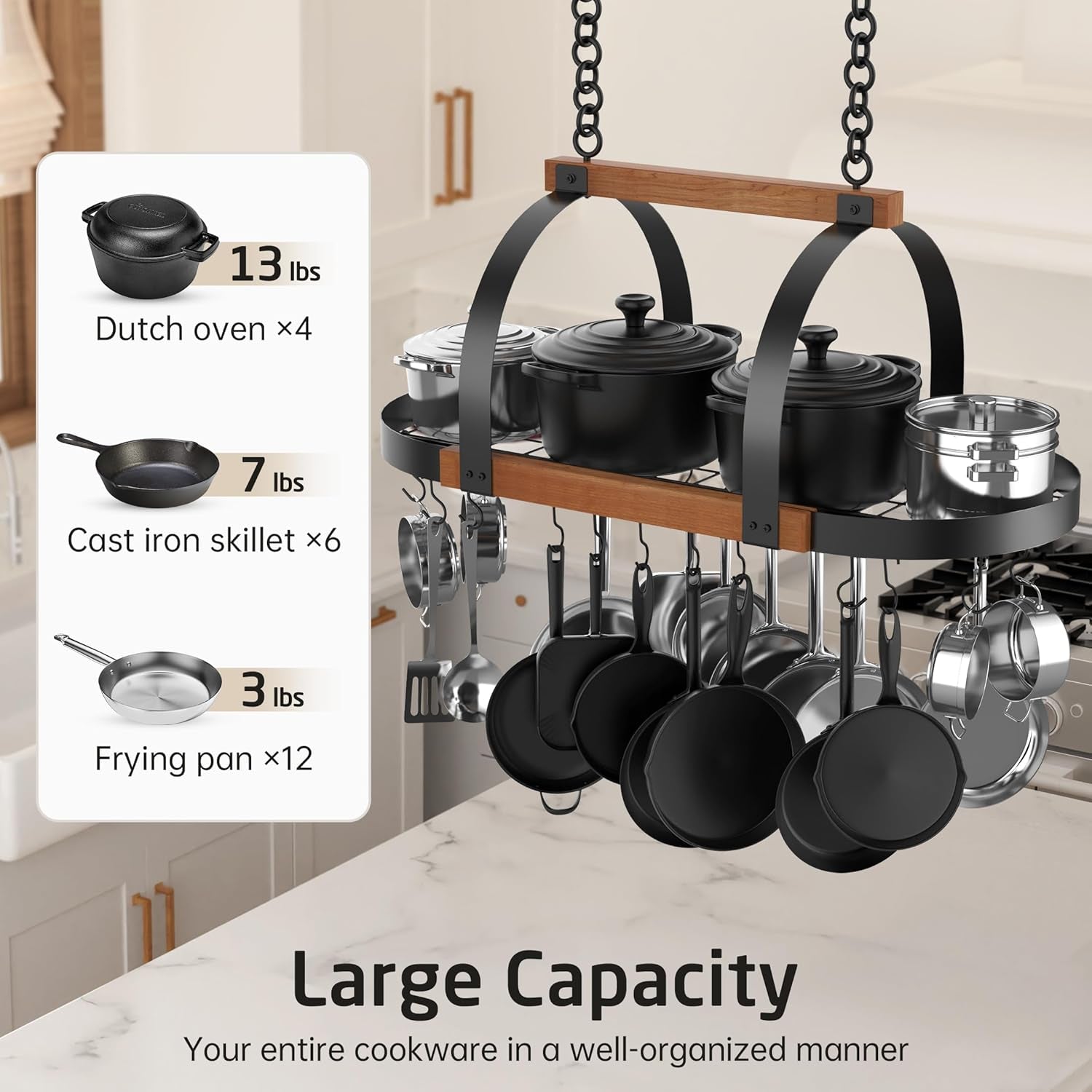 Natural Solid Wood 39 Inch Large Hanging Pot Rack, 130 LBS Capacity Heavy Duty Oval Pot and Pan Hanging Rack Ceiling Mount, Pot Pan Hangers Organizer for Kitchen, 20 Hooks (For 16" and 24" Joist)
