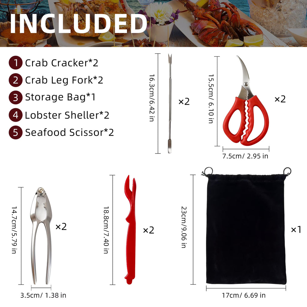 Seafood Cracker Tool Set with Lobster Sheller Stainless Steel Crab Crackers Crab Leg Fork Seafood Scissors and Storage Bag, Crab Leg Pick Utensils Set Crab Eating Tools (9Pcs)