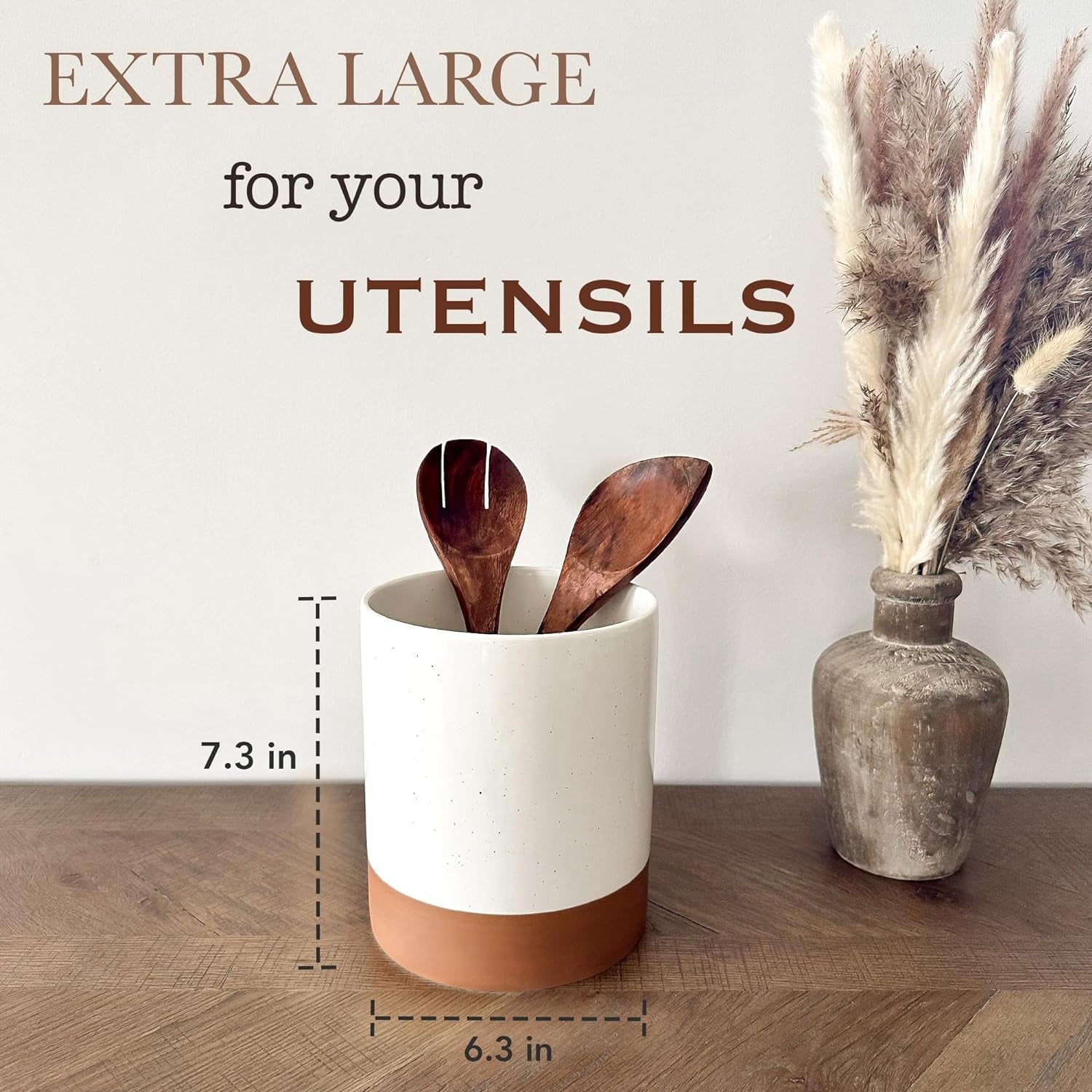 Ceramic Kitchen Utensil Holder - Wooden Spoon & Spatula Crock for Countertop, Modern Farmhouse Home Decor, Extra Large 7.3" Cooking Organizer for Stove Top and Counter - Heavy & Sturdy - Vanilla