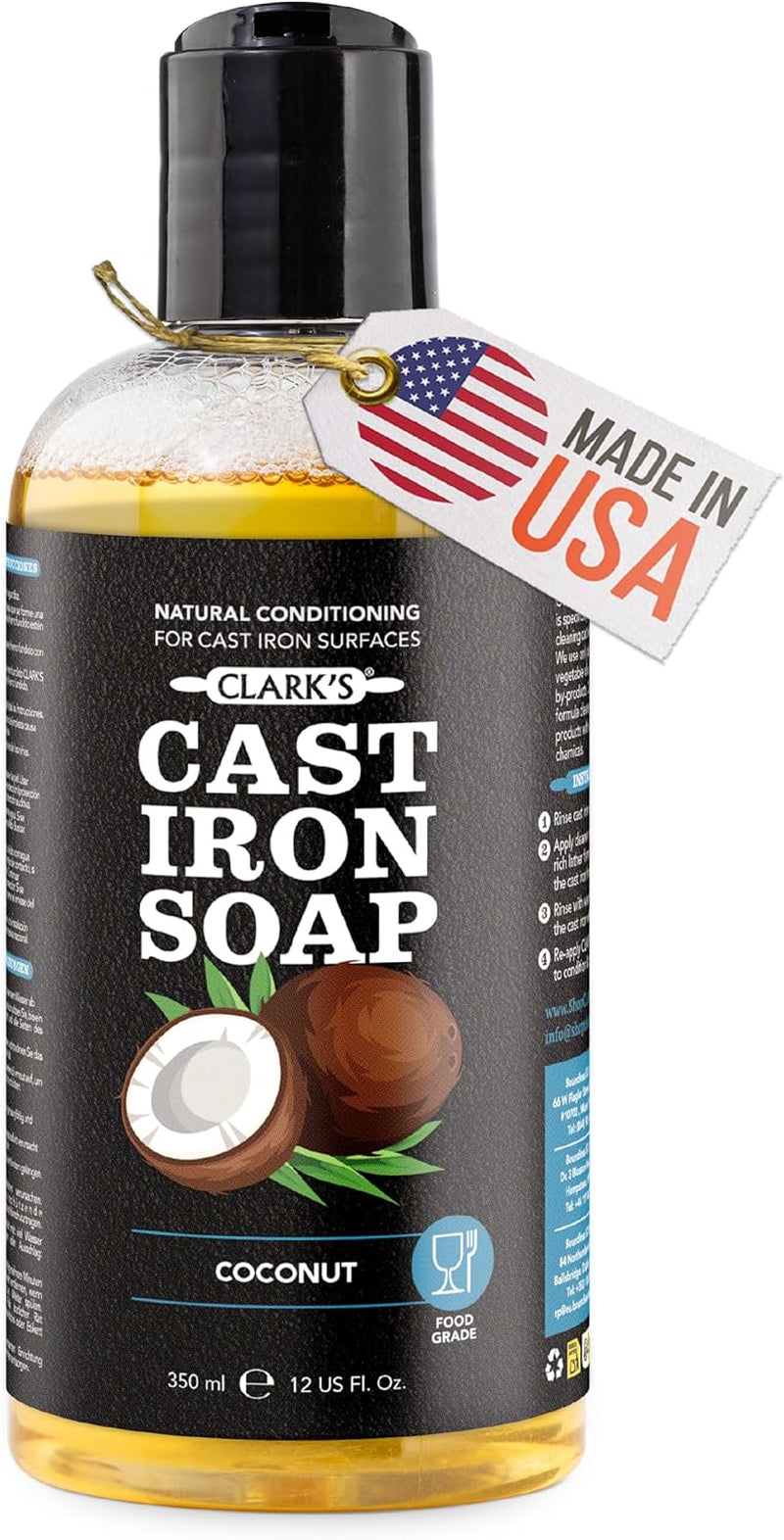 Cast Iron Cleaner 12 Oz, Made in USA, Plant Based Coconut Cast Iron Soap for Skillets, Griddles Etc. - Protects, and Restores Cookware