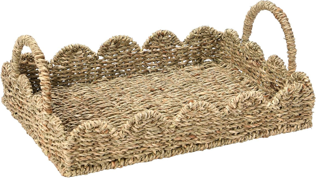 Seagrass Decorative Tray with Scalloped Edge, Handwoven Natural Wicker Organizer Basket with Handles & Iron Frame for Coffee Tables, Bathrooms & Countertops