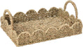 Seagrass Decorative Tray with Scalloped Edge, Handwoven Natural Wicker Organizer Basket with Handles & Iron Frame for Coffee Tables, Bathrooms & Countertops