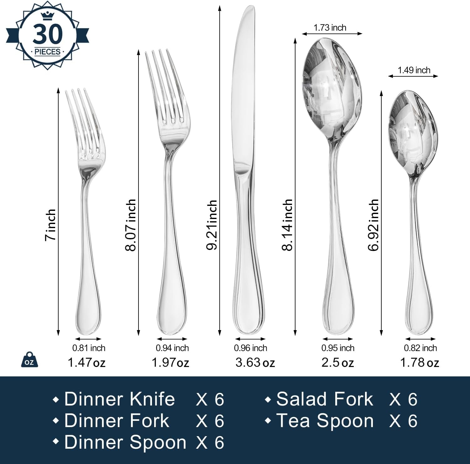 30 Piece Teardrop Silverware Set for 6, 18/10 Stainless Steel Flatware Set, Modern Design Cutlery Set for Home/Hotel/Wedding,Mirror Polished and Dishwasher Safe