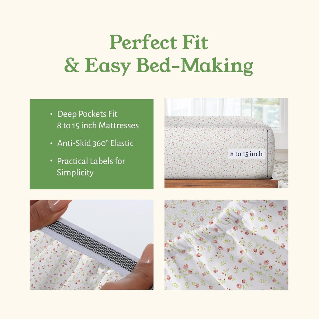 Full Sheet Set Floral, 100% Organic Cotton Percale Sheets, Deep Pocket Full Sheets & Pillowcase Set - Floral