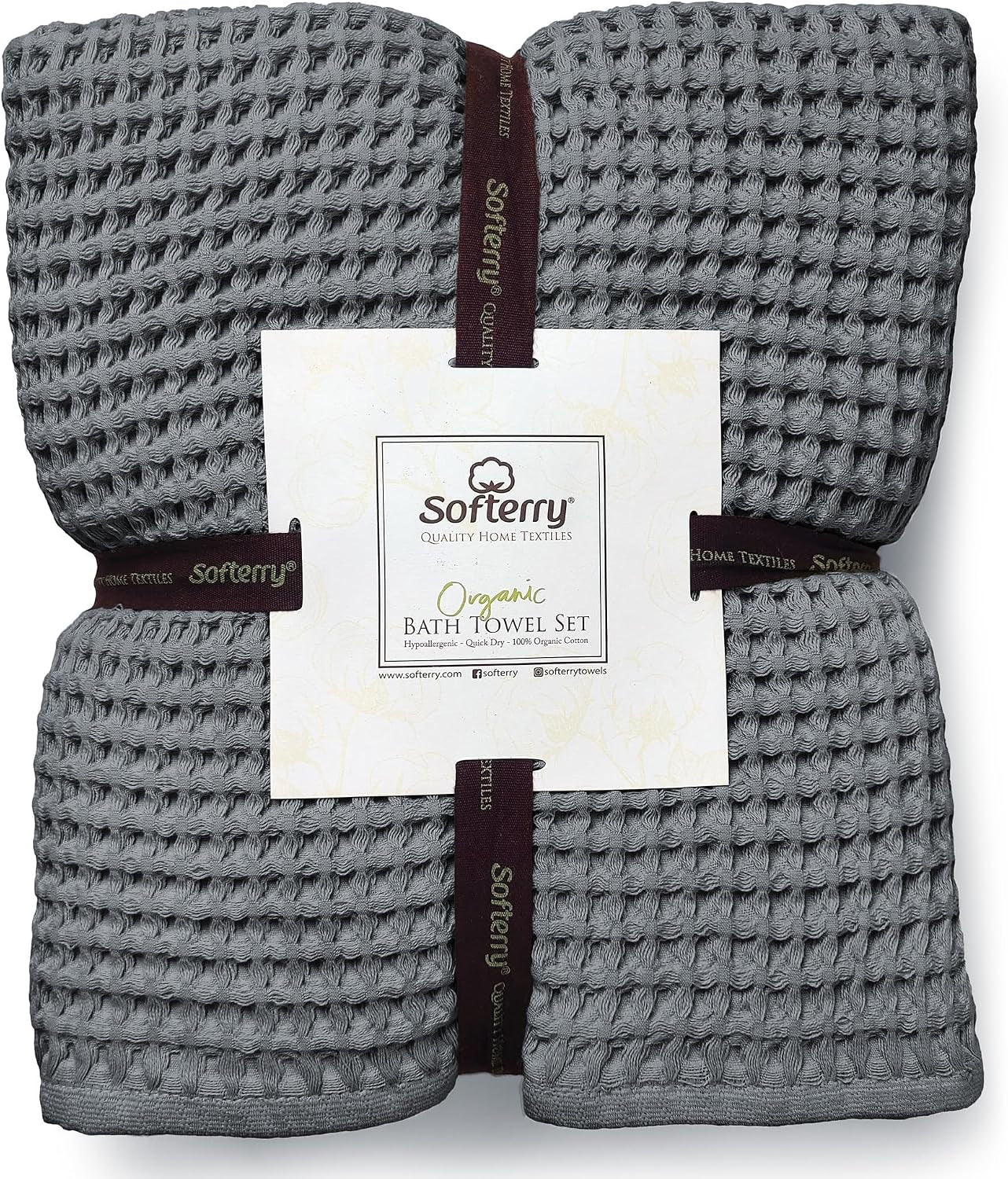 European Waffle Weave Bath Towel Set of 8-100% Organic Cotton - Quick Dry Lint Free Thin and Absorbent - Fade Resistant - Eco-Friendly (Space Gray)