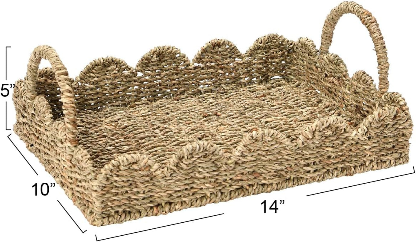Seagrass Decorative Tray with Scalloped Edge, Handwoven Natural Wicker Organizer Basket with Handles & Iron Frame for Coffee Tables, Bathrooms & Countertops