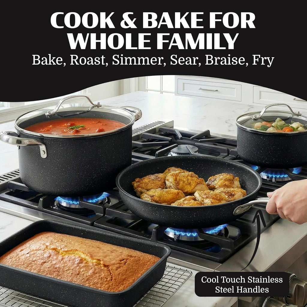 Ceraluxe 20 Pc Ceramic Cookware Set Nonstick, Complete Pots and Pans Set Non Stick with 5 Pc Bakeware Set, Deep Frying Pan Set, & Steamer, Non Toxic PFOA Free, Oven & Dishwasher Safe