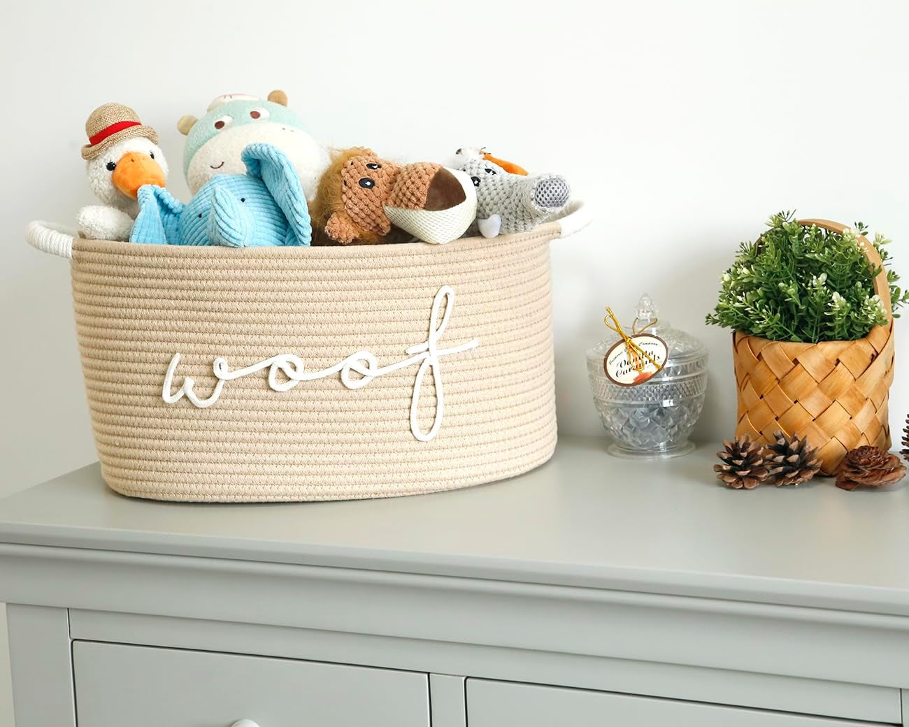 Woof Woven Rope Storage Baskets, Pet Dog Toy Bin Box Perfect for Organizing Chew Toys Blankets Leashes, Dog Toy Holder Cotton Basket Puppy Bins