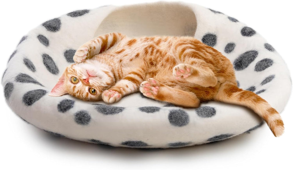 Large Wool Cat Bed Cave - Extra Warm Kitty Beds Handcrafted Kitten Caves Bed for Indoor Cats - Eco-Friendly Felt, Foldable Cat Hideaway Covered Cat House Pod by