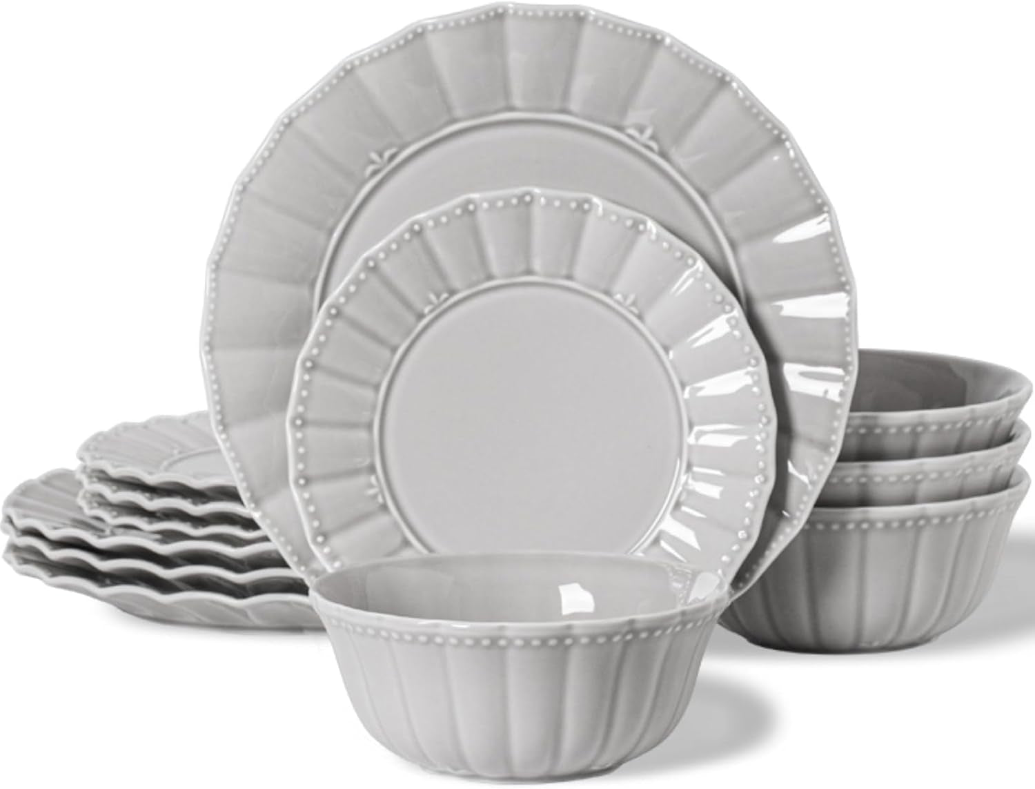 HOMBENE Dinnerware Set, 12 Piece Plates and Bowls Sets for 4, Ceramic Modern Dish Set for Party, Porcelain Dish Set, House Gift, Microwavable Safe, Light Grey