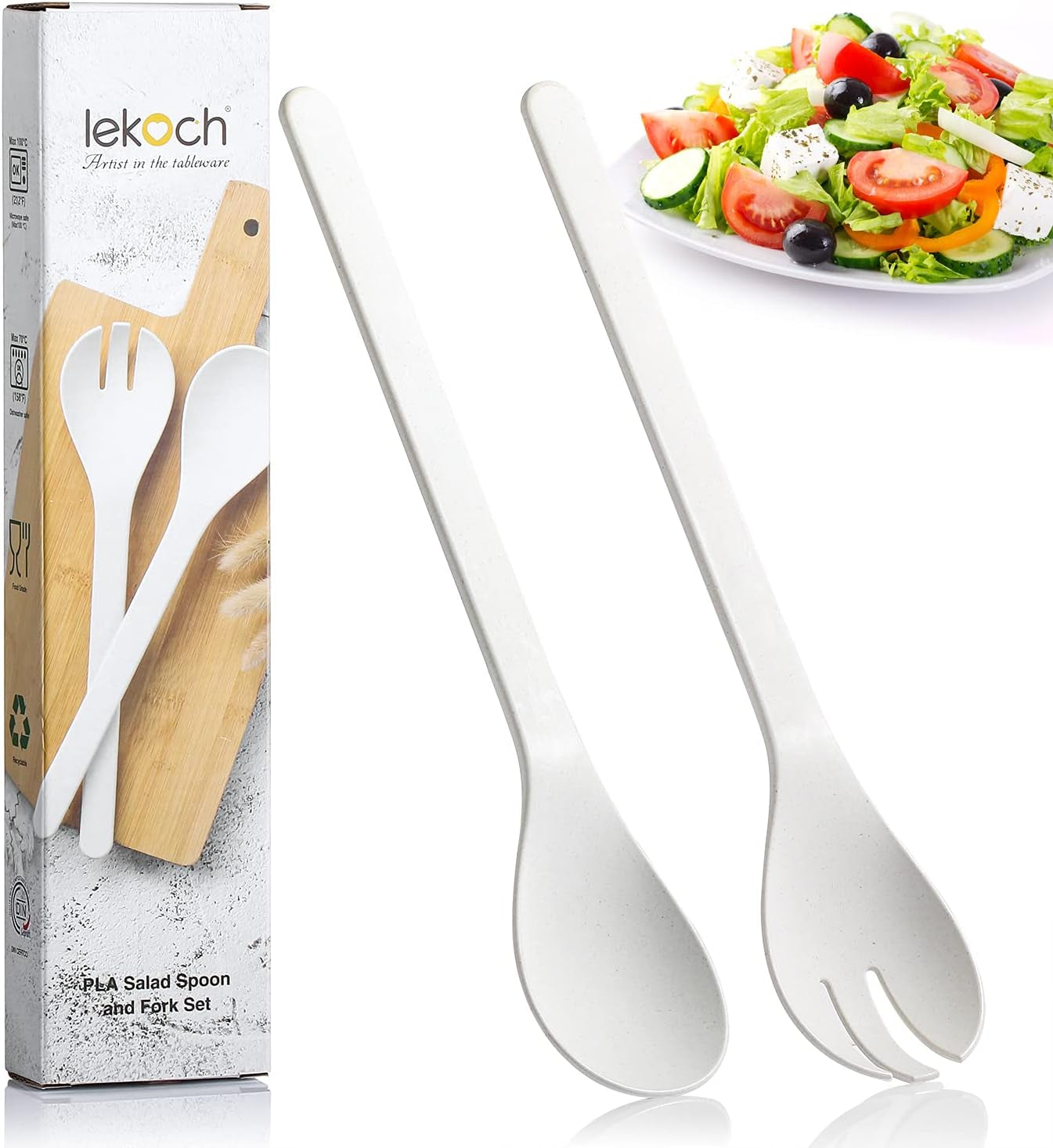 Plant Based Salad Servers Reusable Salad Fork and Spoon Set,Microwave and Dishwasher Safe, Utensils for Christmas,Kitchen,Home,Rv and Camping (White)