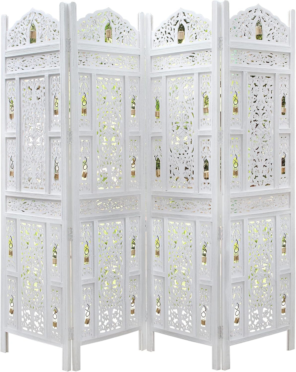 Room Divider Wood Screen - Ghanti Bells Antique White - 4 Panel Folding 72 X 80 - Assembled Hand Carved Decorative Functional Versatile Portable Partition Reversible Privacy Boho -