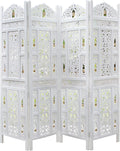 Room Divider Wood Screen - Ghanti Bells Antique White - 4 Panel Folding 72 X 80 - Assembled Hand Carved Decorative Functional Versatile Portable Partition Reversible Privacy Boho -