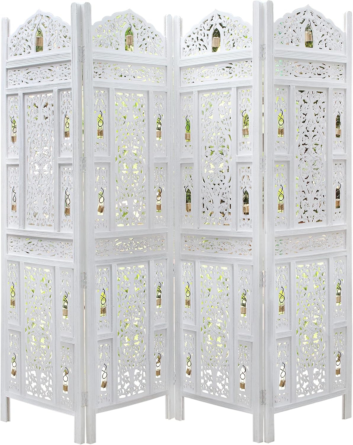 Room Divider Wood Screen - Ghanti Bells Antique White - 4 Panel Folding 72 X 80 - Assembled Hand Carved Decorative Functional Versatile Portable Partition Reversible Privacy Boho -