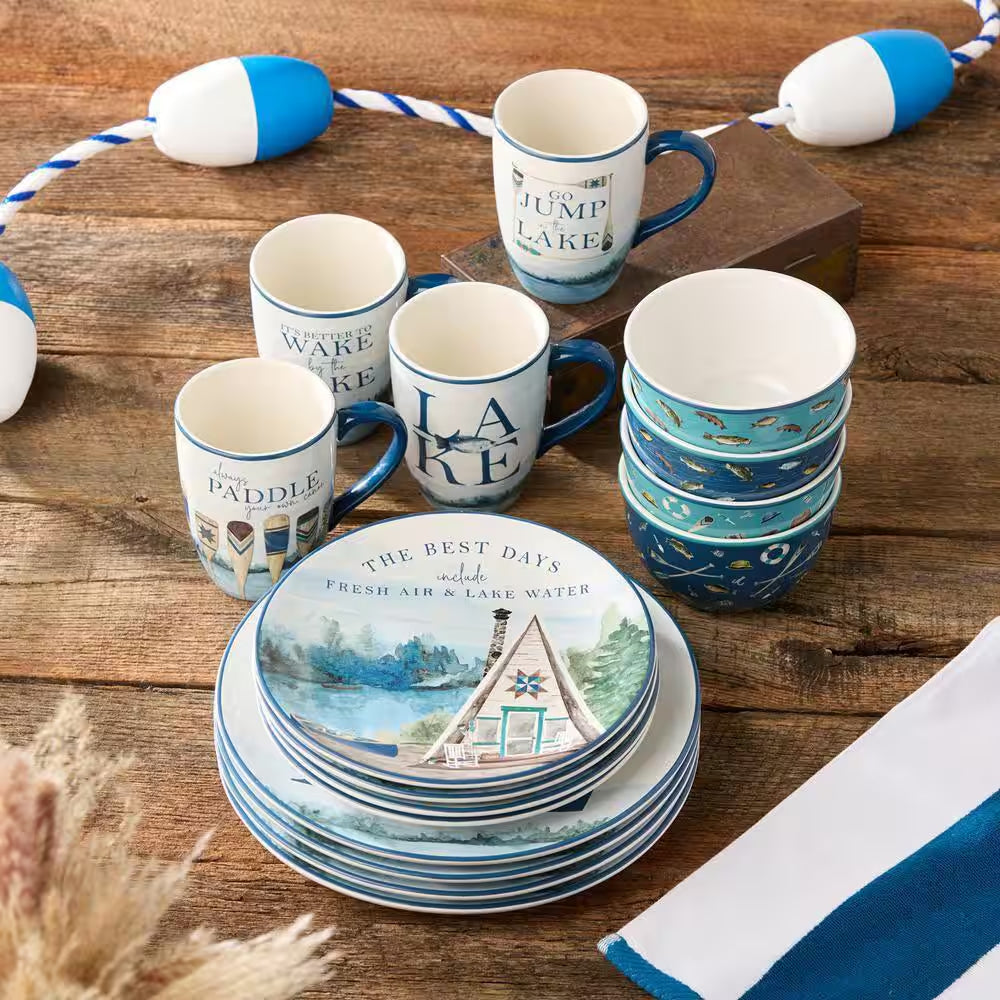 Wake at the Lake 16-Piece Multi-Colored Ceramic Dinnerware Set