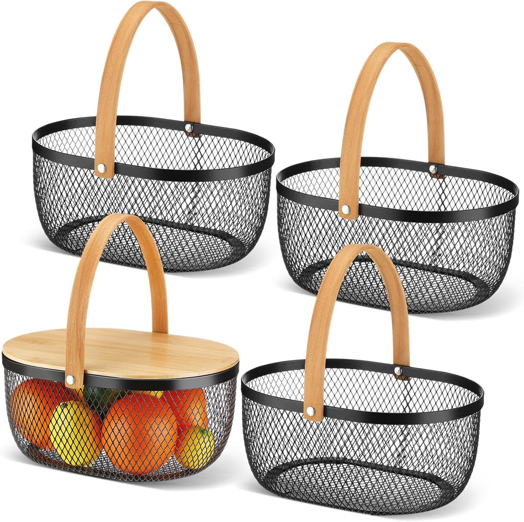 4 Pcs Stackable Metal Mesh Fruit Basket with Lid Oval Wire Mesh Storage Basket with Handle 10 X 7 X 3.9 Inch Stackable Wire Baskets Pantry Organizer for Fruit Vegetable Kitchen, Black