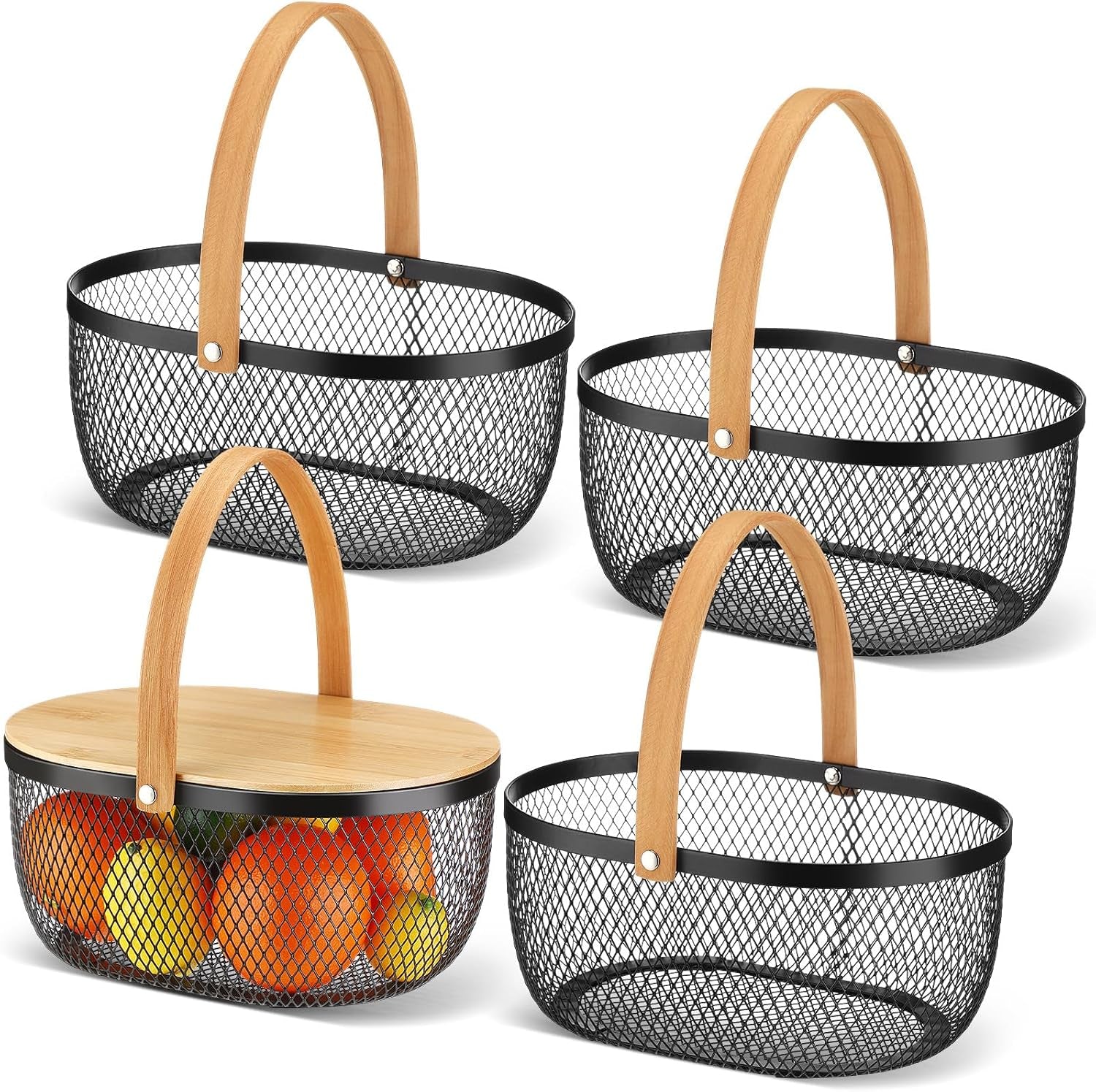 4 Pcs Stackable Metal Mesh Fruit Basket with Lid Oval Wire Mesh Storage Basket with Handle 10 X 7 X 3.9 Inch Stackable Wire Baskets Pantry Organizer for Fruit Vegetable Kitchen, Black