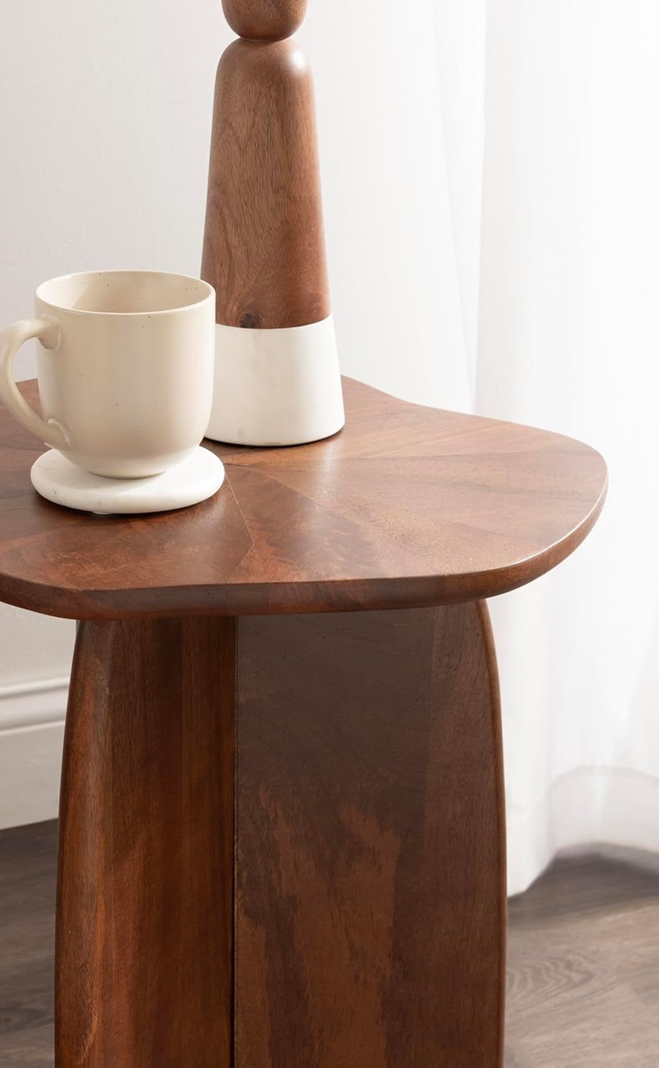 Kanna Modern Wavy Pieced Mango Wood round Side Table, 16 X 16 X 21, Walnut Brown, Mid-Century Scalloped Wooden End Table for Bedroom Nightstand or Living Room Plant Stand Indoors