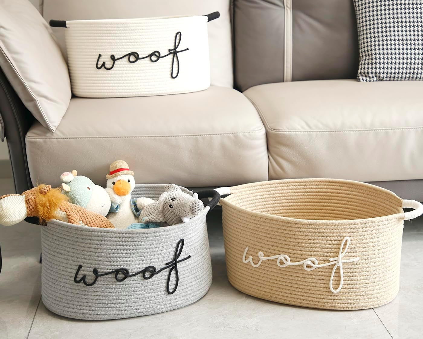 Woof Woven Rope Storage Baskets, Pet Dog Toy Bin Box Perfect for Organizing Chew Toys Blankets Leashes, Dog Toy Holder Cotton Basket Puppy Bins