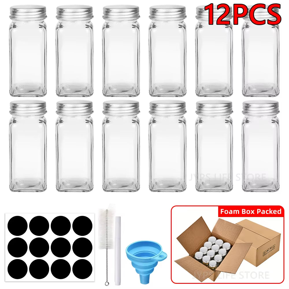 12Pcs Glass Spice Jars with Metal Lids Salt Pepper Shaker Spice Seasoning Containers Spice Organizer Kitchen Spice Jar Set 120ML