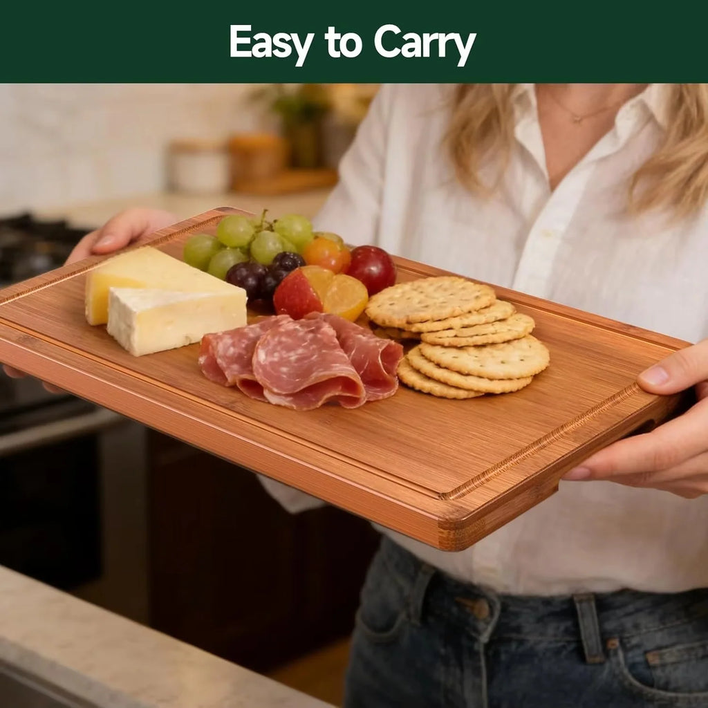 3-Piece Set Bamboo Cutting Board for Kitchen - Crack-Resistant Wood Chopping Boards with Deep Juice Grooves, Pre-Oiled Butcher Block for Meat, Vegetables & Cheese, Carbonized