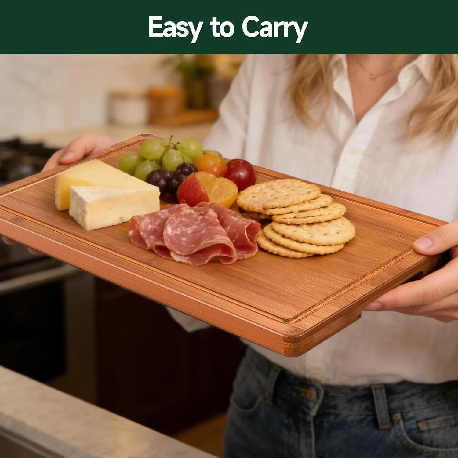 3-Piece Set Bamboo Cutting Board for Kitchen - Crack-Resistant Wood Chopping Boards with Deep Juice Grooves, Pre-Oiled Butcher Block for Meat, Vegetables & Cheese, Carbonized